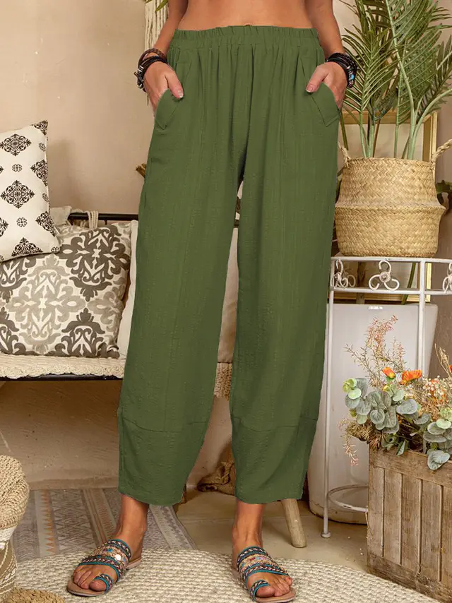 Women's Solid Color Loose Cotton And Linen Casual Pants Home Army Green - Shop at LoveMi