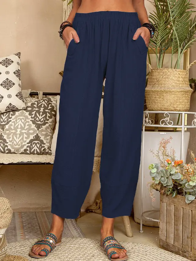 Women's Solid Color Loose Cotton And Linen Casual Pants Home Dark Blue - Shop at LoveMi