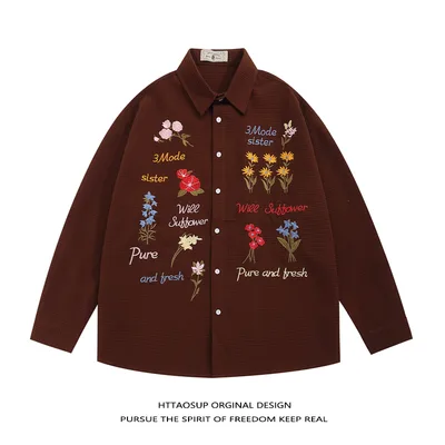 Retro Bear Embroidery Short Sleeve Plaid Shirt Summer Clothing Brown - Shop at LoveMi