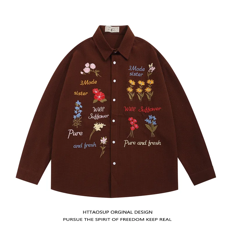 Retro Bear Embroidery Short Sleeve Plaid Shirt Summer Clothing Brown - Shop at LoveMi