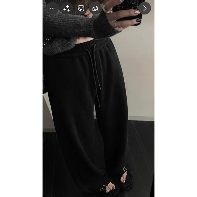 Women's Velvet Padded All matching Elastic Waist Drawstring Casual Pants Black - Shop at LoveMi