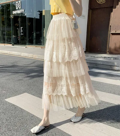 Women's High Waist Mesh Tiered Skirt Apricot - Shop at LoveMi