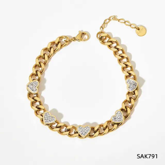 French Retro Stainless Steel Heart shaped Zircon Bracelet Gold - Shop at LoveMi