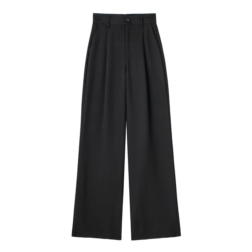 Women's French-style Pleated High-waist Wide-leg Trousers - Black
