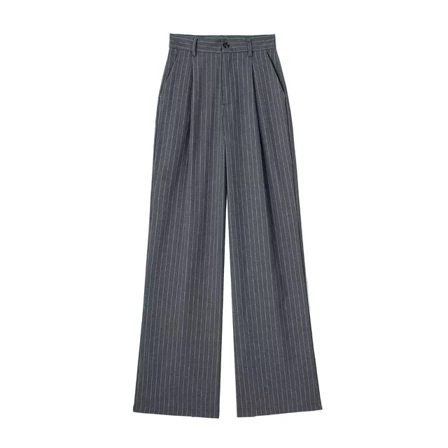 Women's French style Pleated High waist Wide leg Trousers Gray Stripes - Shop at LoveMi