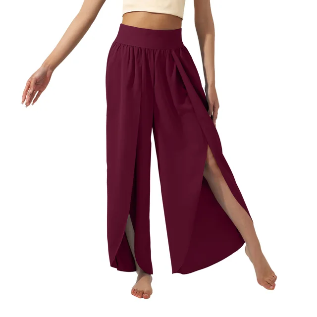 Women's Fashionable All match Slimming High Waist Slit Yoga Pants Wine Red - Shop at LoveMi