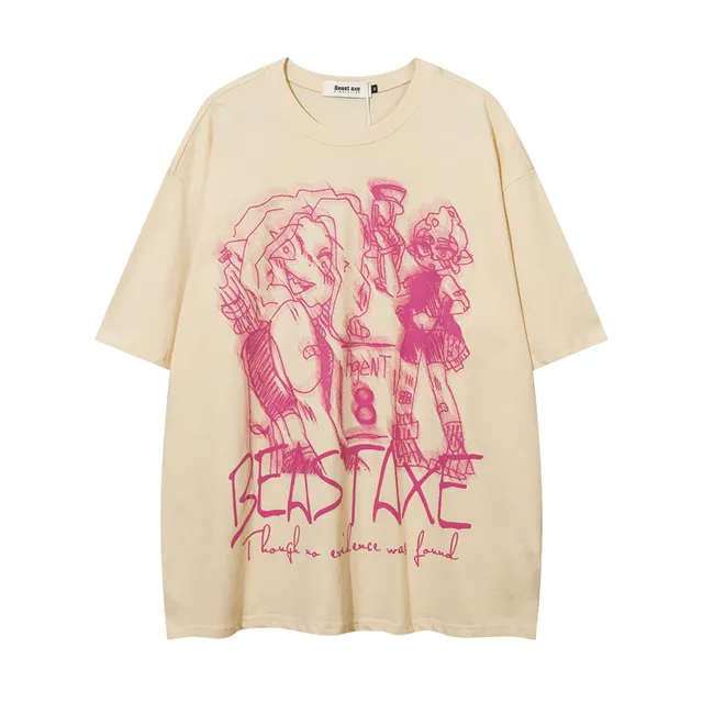 American Fashion Brand Hip Hop Cartoon Graffiti Printing Short Sleeve Apricot - Shop at LoveMi