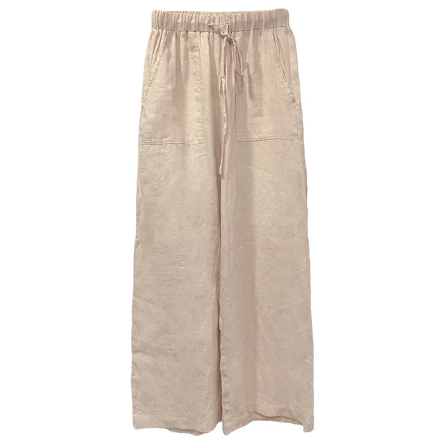 Pure Linen Lace up Straight leg Pants Women's Plus Size Loose Casual Trousers Apricot - Shop at LoveMi