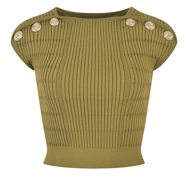 Pure Khaki Gold Buckle Knitted Sling Vest Outer Wear English Tea Green - Shop at LoveMi
