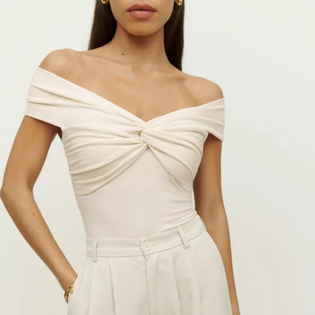 Summer Solid Color And V neck Knitted Off shoulder Slim fit Crop top White - Shop at LoveMi
