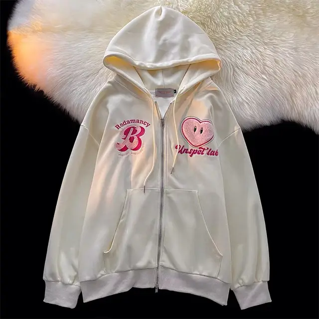 Zipper Hooded Sweater Women's Thin Spring And Autumn Embroidered Cardigan Jacket Beige - Shop at LoveMi