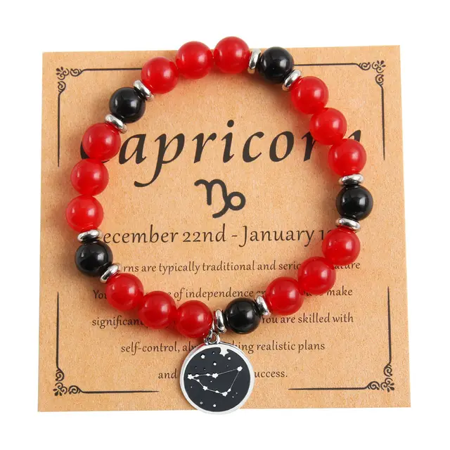 Twelve Constellation Round Stainless Steel Pendant Natural Stone Beaded Bracelet Capricorn - Shop at LoveMi