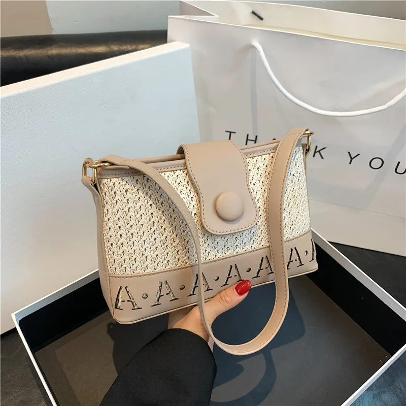 Summer Fashion Woven Female Niche Korean Style Advanced Texture Letters Hollow Shoulder Bag - Khaki