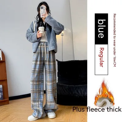 Retro Christmas Plaid Pants Women's High Waist Drooping Blue Plush - Shop at LoveMi