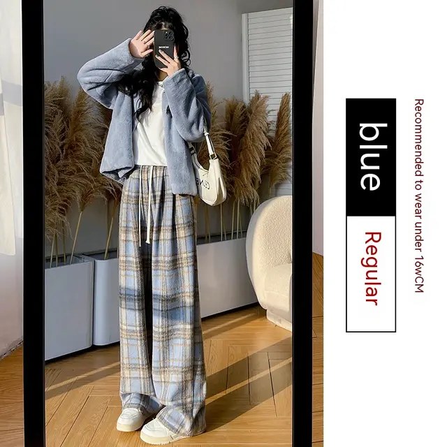Retro Christmas Plaid Pants Women's High Waist Drooping Blue Routine - Shop at LoveMi