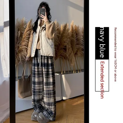 Retro Christmas Plaid Pants Women's High Waist Drooping Navy Blue Lengthening - Shop at LoveMi