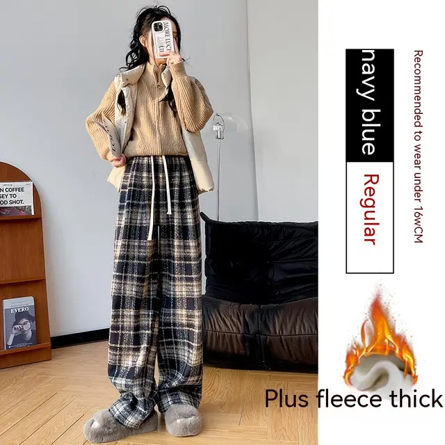 Retro Christmas Plaid Pants Women's High Waist Drooping Navy Blue Plush - Shop at LoveMi