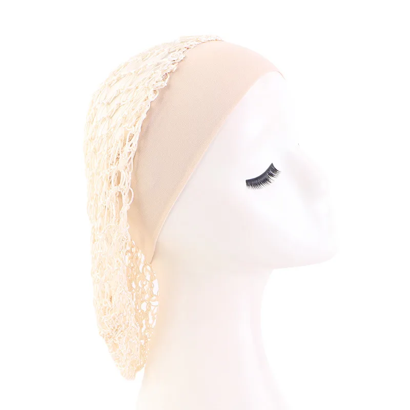 Elastic Wide brimmed Hair Net Head Cover Hand Crocheted Hair Net Beige - Shop at LoveMi