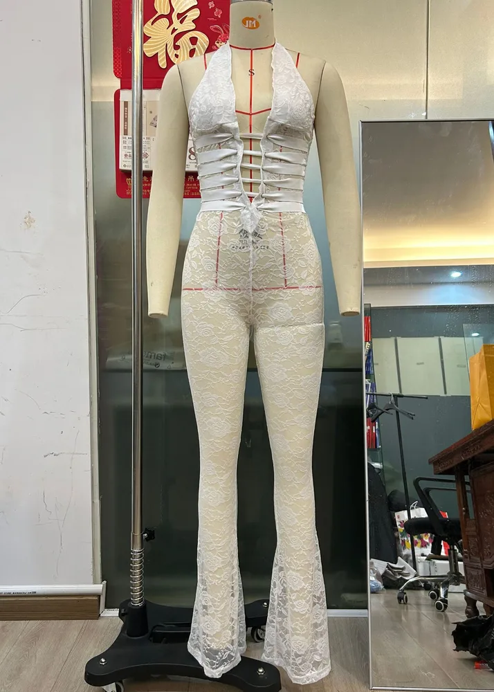 Lash Rope Lace Up Slim Fit Jumpsuit See-through - White