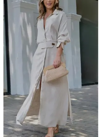 Women's Elegant Tied Solid Color Waisted Long-sleeved Shirt Dress - Apricot A