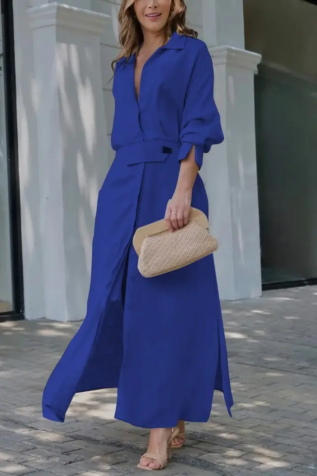 Women's Elegant Tied Solid Color Waisted Long sleeved Shirt Dress Blue A - Shop at LoveMi
