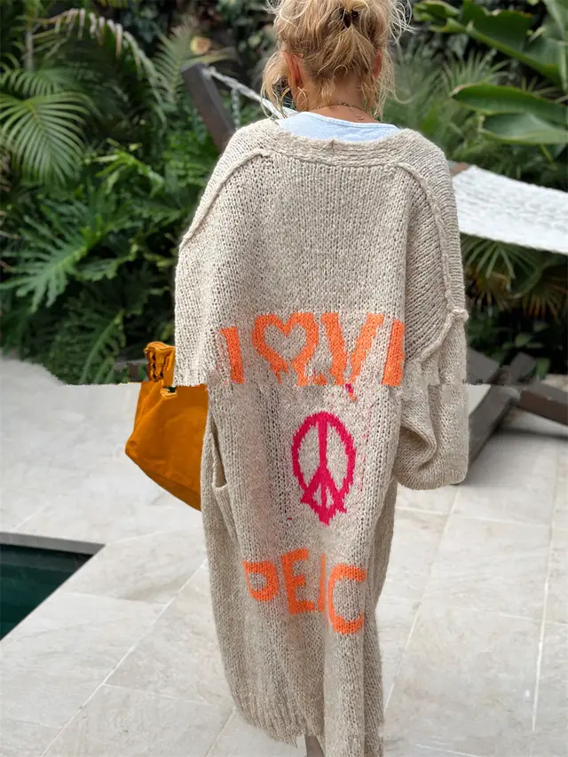 Jacquard Knitted Long Casual Button free Cardigan Sweater Apricot - Shop at LoveMi
