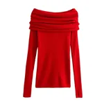 Slim-fit Cuffed Off-shoulder Long Sleeve Sweater - Red