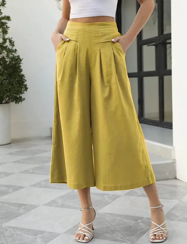 Cotton Elastic Waist Wide Leg Cropped Workwear With Pocket Yellow - Shop at LoveMi