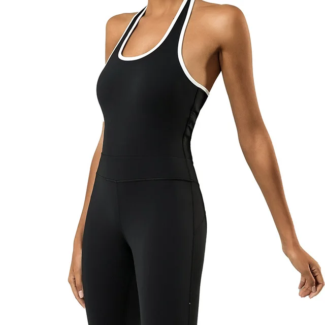 Color Matching Halter Quick drying With Chest Pad Yoga Beauty Back Jumpsuit Black - Shop at LoveMi