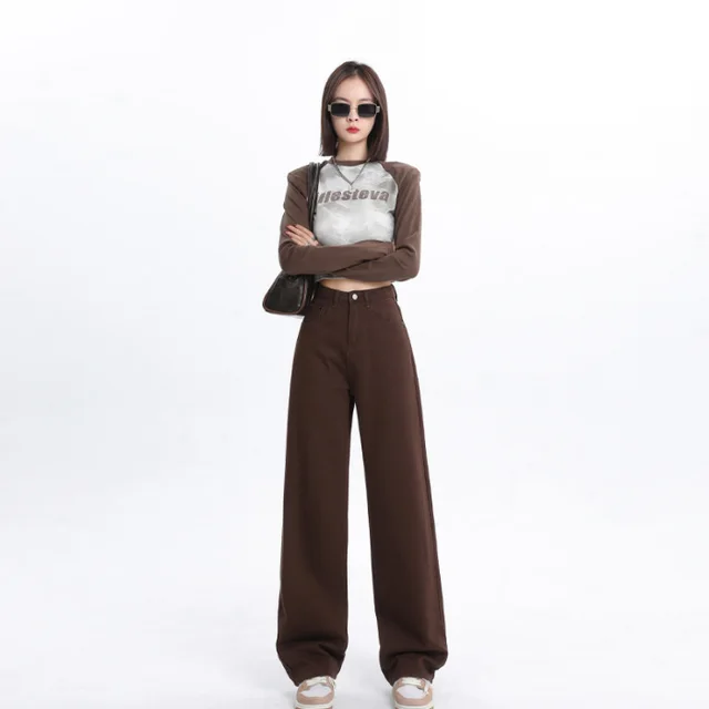 Spring And Autumn New Style White Wide Leg Jeans Women's Loose Straight Brown Coffee Color Trousers - Shop at LoveMi
