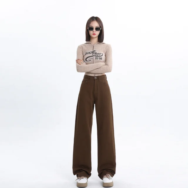 Spring And Autumn New Style White Wide Leg Jeans Women's Loose Straight Heather Brown Trousers - Shop at LoveMi