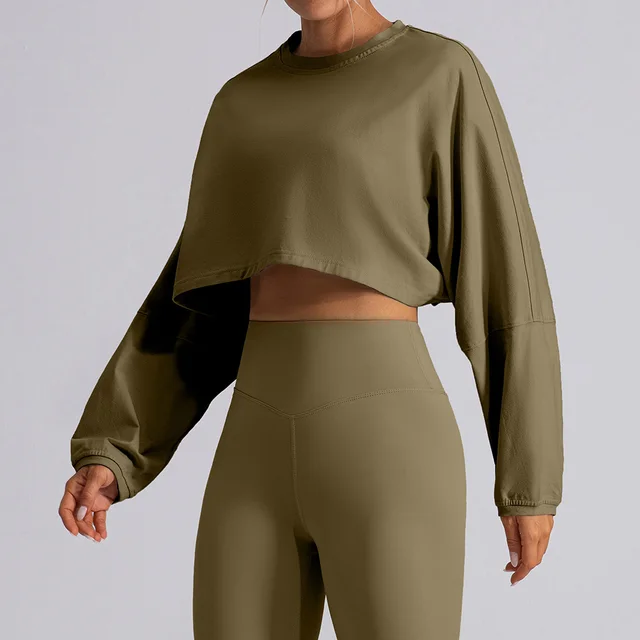 Round Neck Sweater T shirt Short Sports Yoga Run Long Sleeve Top Army Green - Shop at LoveMi