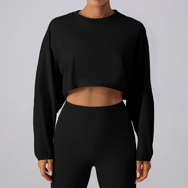 Round Neck Sweater T shirt Short Sports Yoga Run Long Sleeve Top Black - Shop at LoveMi