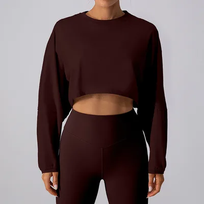 Round Neck Sweater T shirt Short Sports Yoga Run Long Sleeve Top Brown - Shop at LoveMi