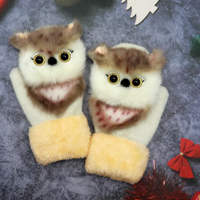 Winter Women's Plush Cartoon Animal Gloves White Owl - Shop at LoveMi