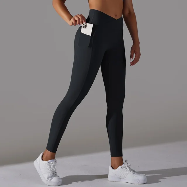 Nude Feel Skin friendly Cross Waist Pocket Stretch Fitness Sports Ninth Pants Black - Shop at LoveMi