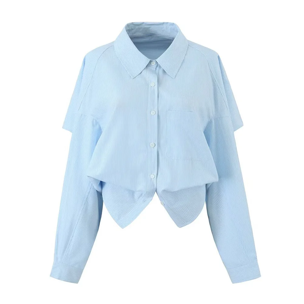 Women's Slim Fit Backless Striped Long sleeved Shirt Light Blue - Shop at LoveMi