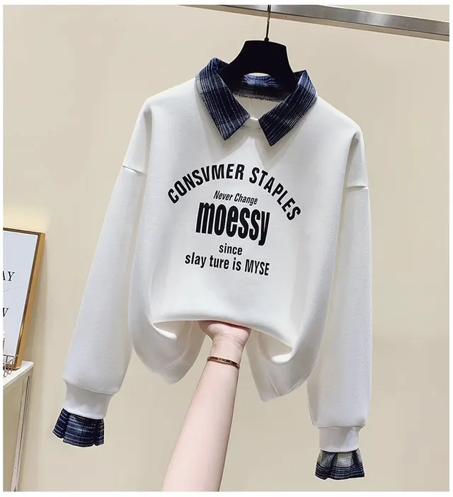 Fake Two piece Long sleeved Sweater Fashion Casual Temperament Youthful looking Student Loose Slimming White - Shop at LoveMi