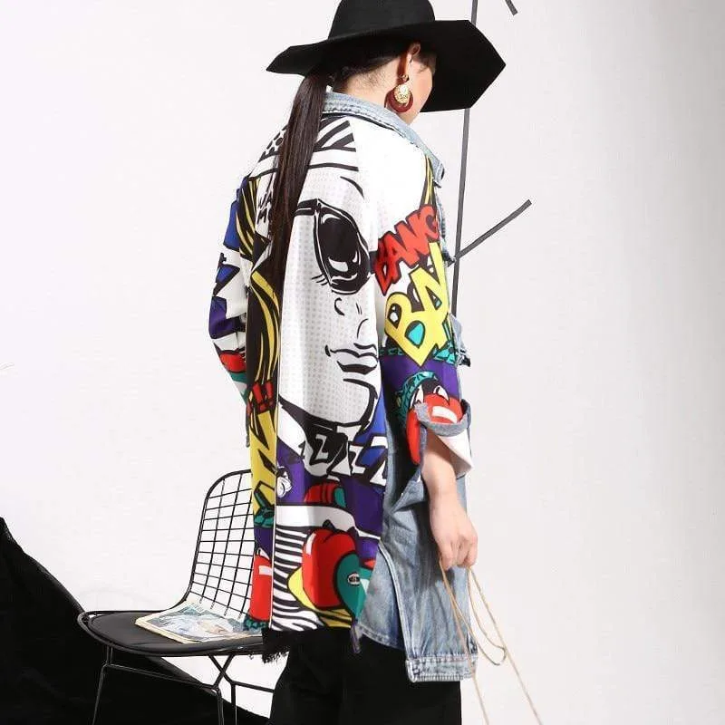 Women's Denim Trench Coat Fashion Image Drawing Creative Light Blue - Shop at LoveMi