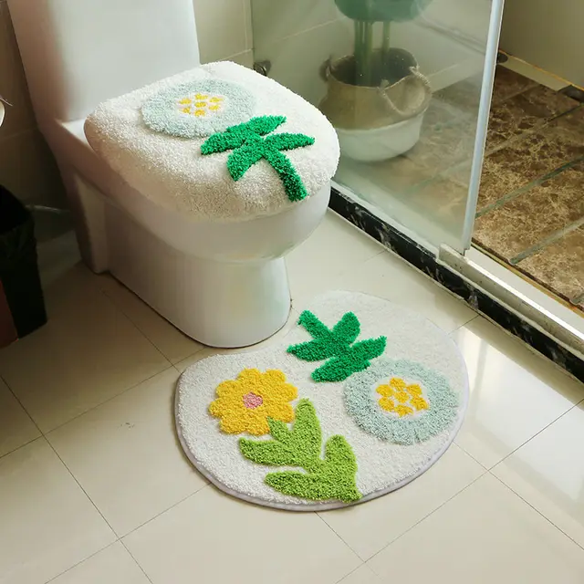 Japanese style Absorbent Fiber Bathroom Mats Toilet Mat Three piece Thickened Toilet Seat Cover Cushion White Flower - Shop at LoveMi