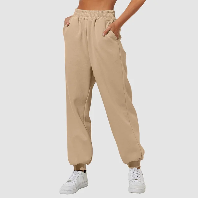 Women's High Waist Loose Track Pants Comfortable Jogger Casual Sweatshirt Pant Belt Pocket Beige - Shop at LoveMi