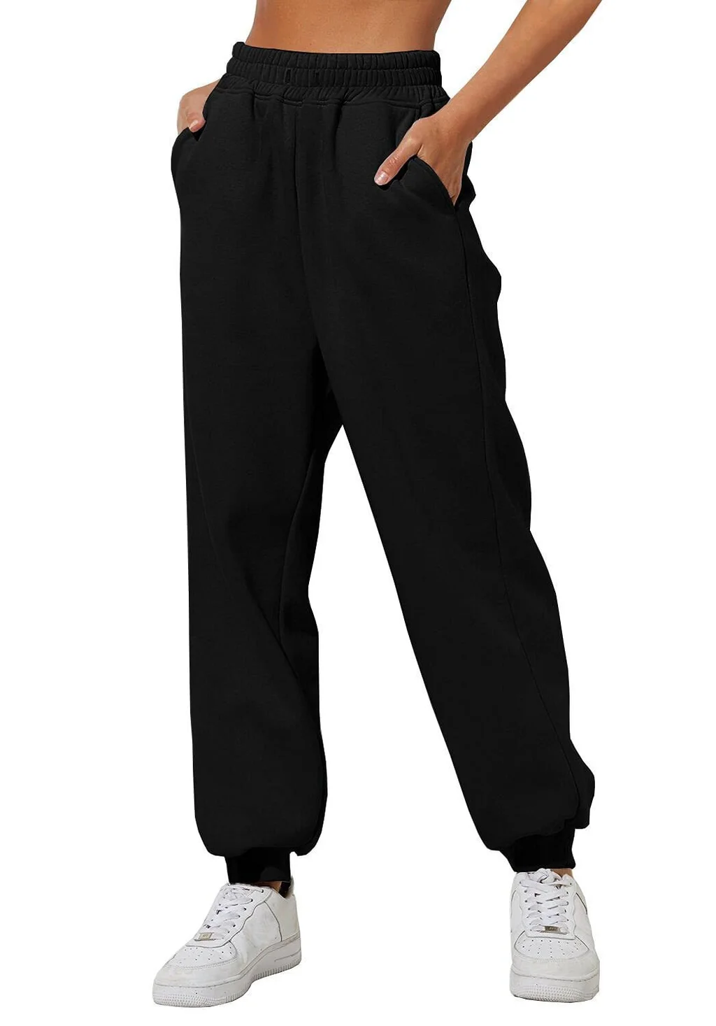 Women's High Waist Loose Track Pants Comfortable Jogger Casual Sweatshirt Pant Belt Pocket - Black