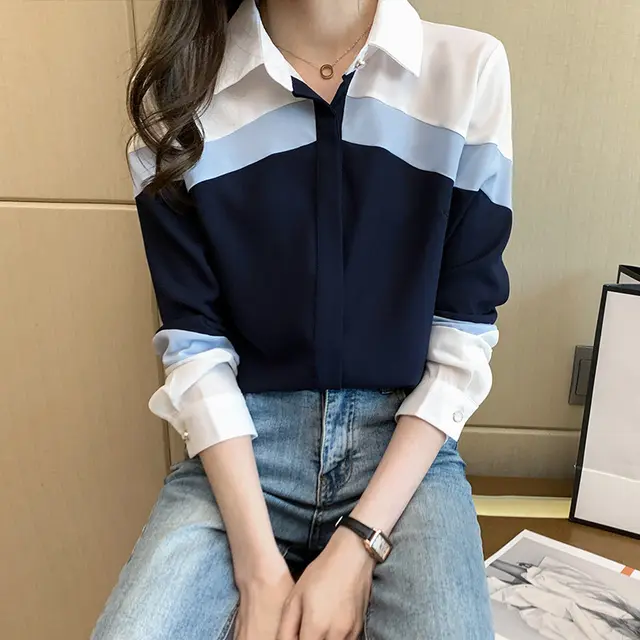Women's Lapel Contrast Color Slim Fit Long sleeved Shirt Picture Color - Shop at LoveMi