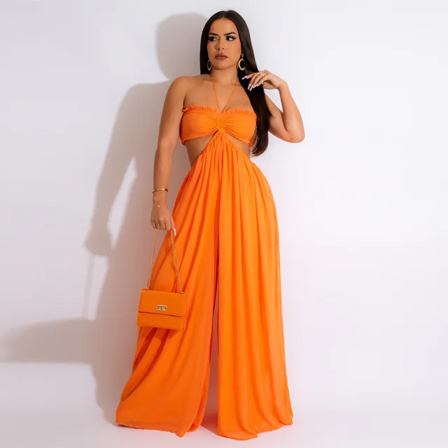 Chiffon Chest wrapped Bare Back Wide leg Jumpsuit European And American Orange - Shop at LoveMi