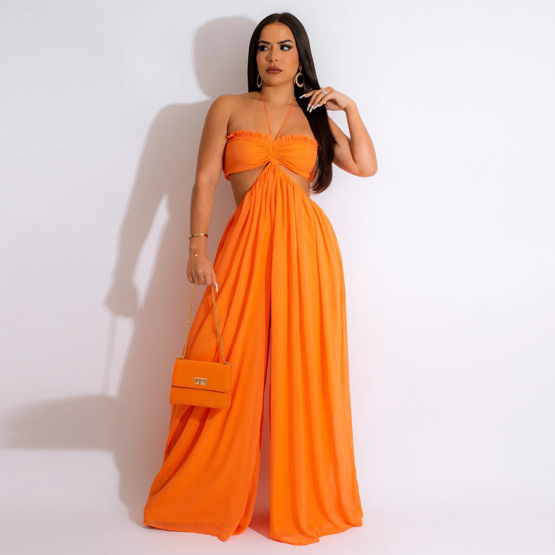 Chiffon Chest-wrapped Bare Back Wide-leg Jumpsuit European And American - Orange - View 1