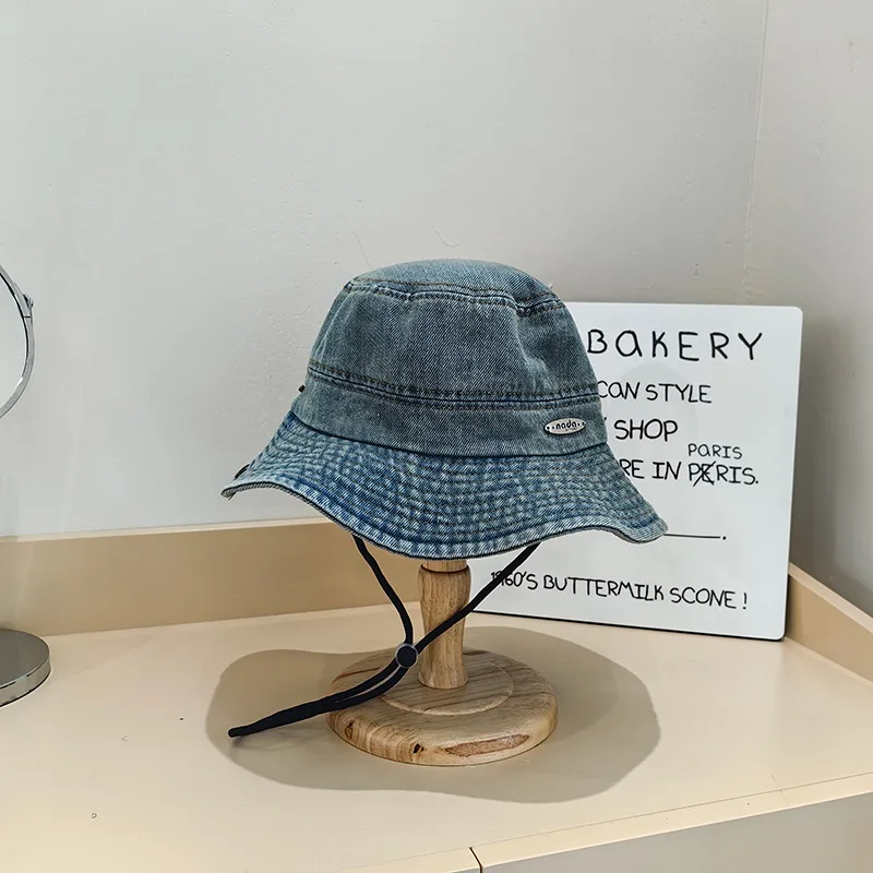 Japanese Style New Denim Small Iron Mark Bucket Hat Makes Face Look Smaller Light Blue - Shop at LoveMi