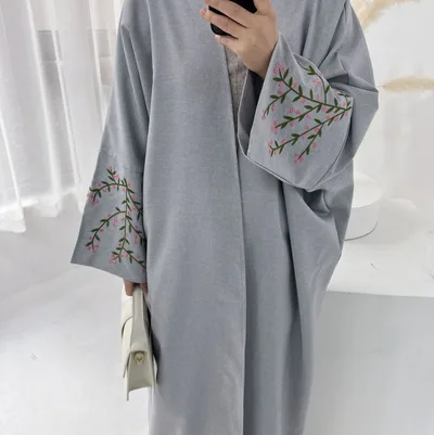 Dubai Middle East Turkey Dubai Flower Embroidered Elegant Cardigan Robe Gray - Shop at LoveMi