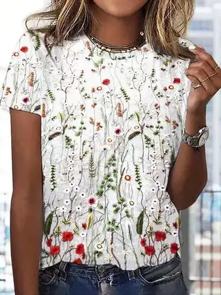 European And American Loose Round Neck Short Sleeve Floral Printed T-shirt - White