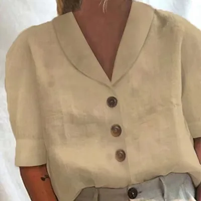 V neck Shirt Casual Button Short sleeved Blouse Solid Color Top Womens Clothing Khaki - Shop at LoveMi