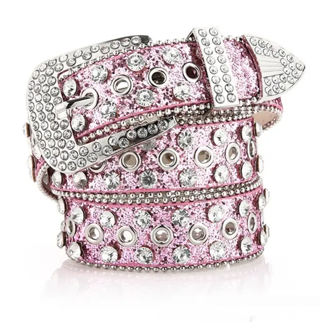 Women's Rhinestone Inlaid Decoration Belt Side Bead Hole Pink - Shop at LoveMi